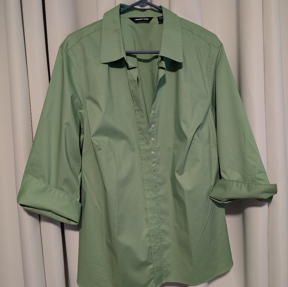 Lands End Green Button down Blouse 20W 3/4 sleeve